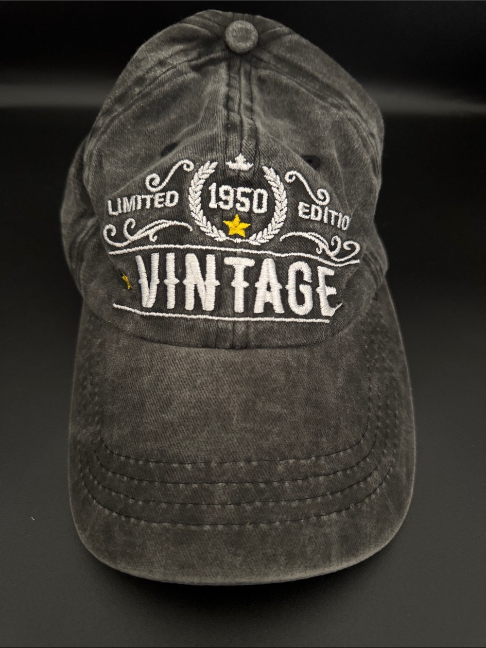 Vintage Unisex 50th Birthday Black Washed Baseball Cap with White Embroidery